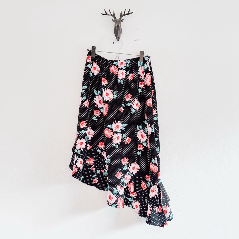 Bobeau Women's Black Floral Ruffle Hem Asymmetrical Skirt Size Medium NWT